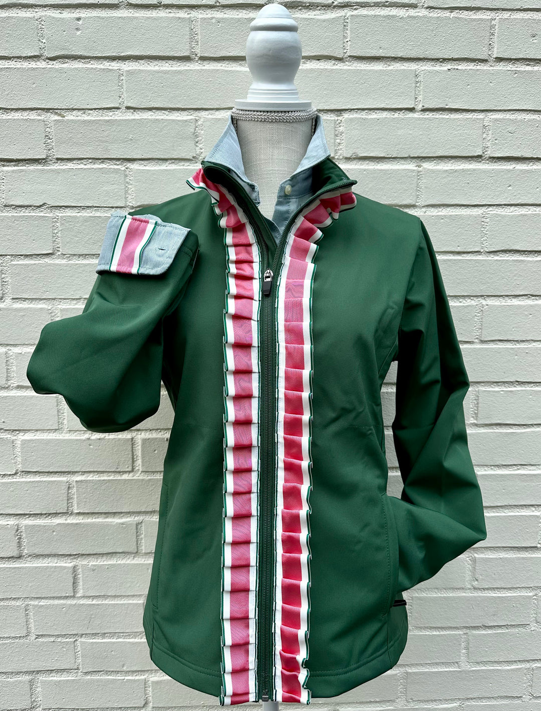SALE - S ONLY - Sailor Soft Shell Jacket - Green w Pink, Green & White Stripe Ruffle Ribbon (SLR10) *FINAL SALE*