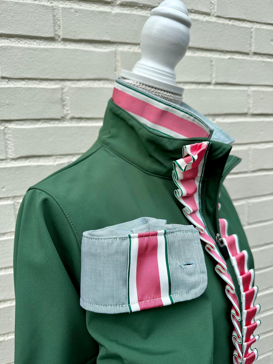 SALE - S ONLY - Sailor Soft Shell Jacket - Green w Pink, Green & White Stripe Ruffle Ribbon (SLR10) *FINAL SALE*