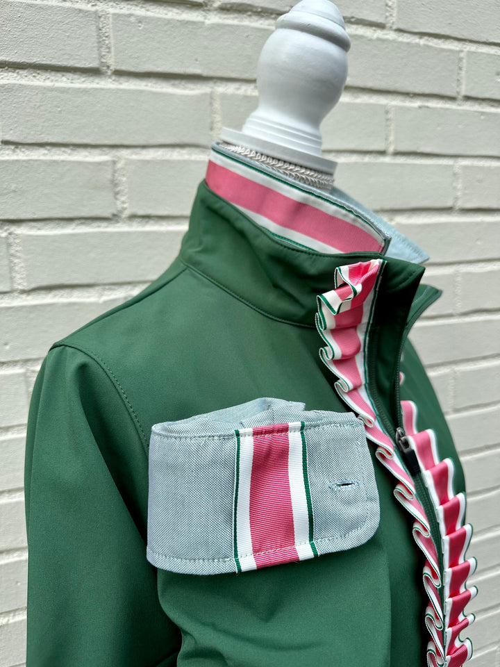 SALE - S ONLY - Sailor Soft Shell Jacket - Green w Pink, Green & White Stripe Ruffle Ribbon (SLR10) *FINAL SALE*