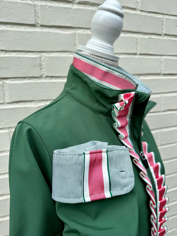 Sailor Soft Shell Jacket - Green w Pink, Green & White Stripe Ruffle Ribbon (SLR10)