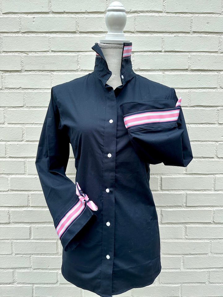 SALE - S ONLY - Ann Navy w Navy Pnk Wte Ribbon Tie Shirt (Ann14) *FINAL SALE*