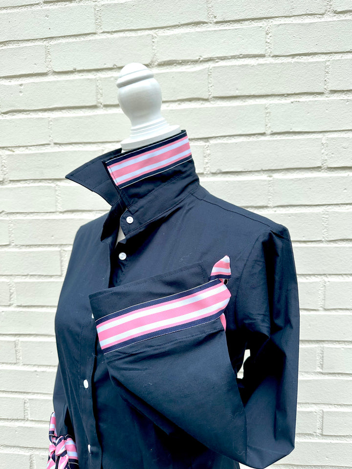 SALE - S ONLY - Ann Navy w Navy Pnk Wte Ribbon Tie Shirt (Ann14) *FINAL SALE*