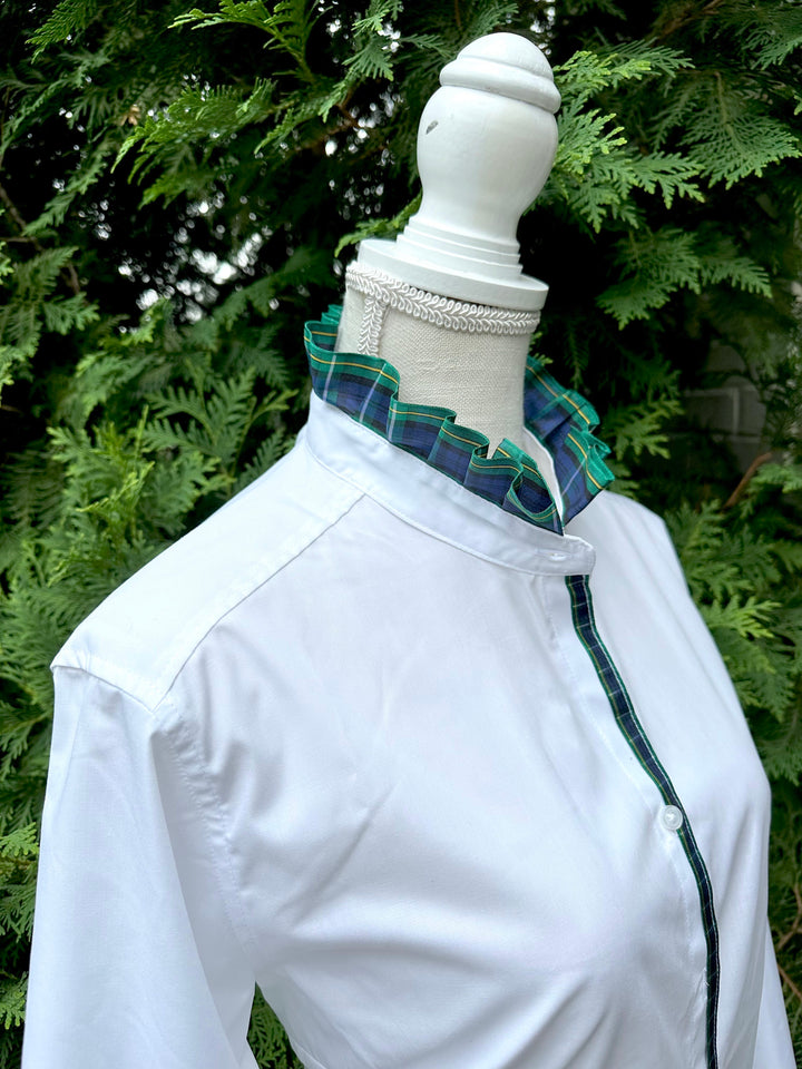 Kate Ruffled Ribbon Collar - White w Green & Blue Plaid Ribbon (KT06)