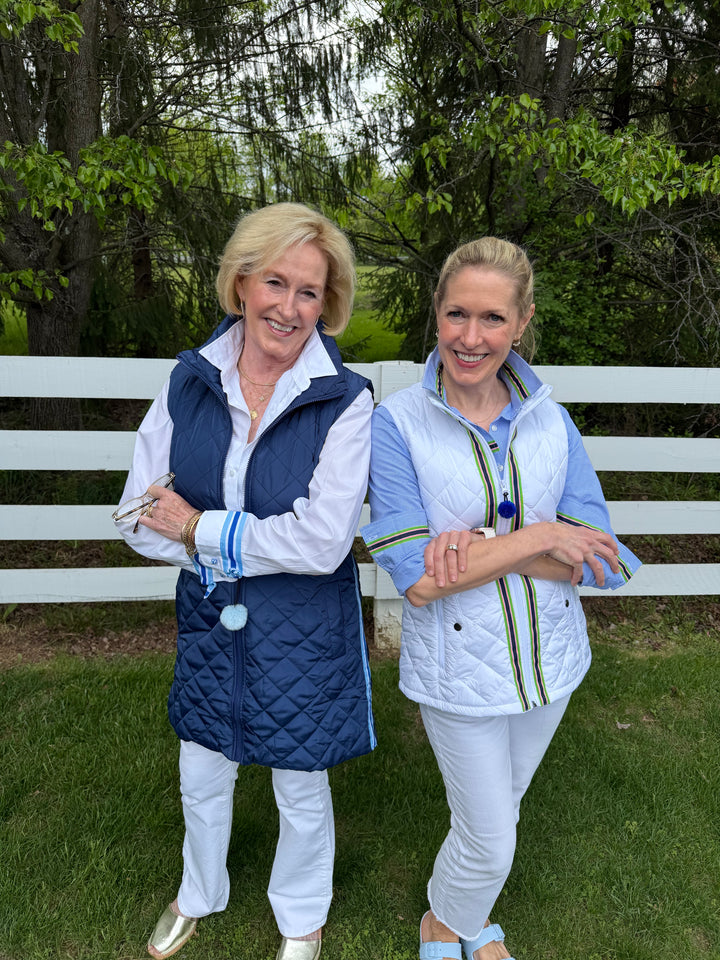 Maggie May Quilted Vest - White w Navy, Pink & Green Stripe Ribbon (MMQ14)