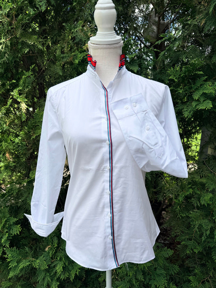 Kate Ruffled Ribbon Collar - White w Red, White & Blue Stripe Ribbon (4th K01)