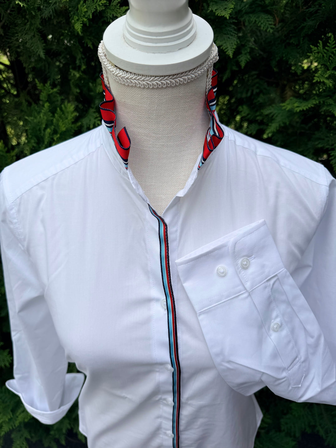 Kate Ruffled Ribbon Collar - White w Red, White & Blue Stripe Ribbon (4th K01)