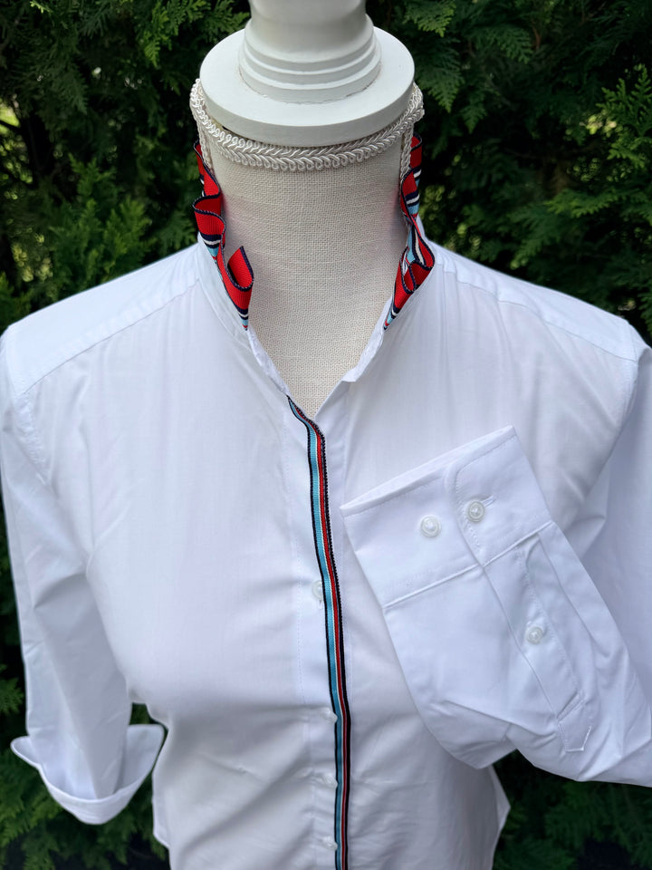 Kate Ruffled Ribbon Collar - White w Red, White & Blue Stripe Ribbon (4th K01)