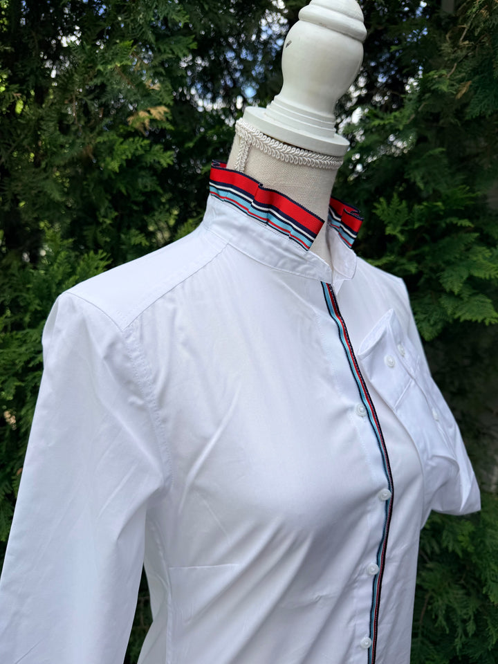 Kate Ruffled Ribbon Collar - White w Red, White & Blue Stripe Ribbon (4th K01)