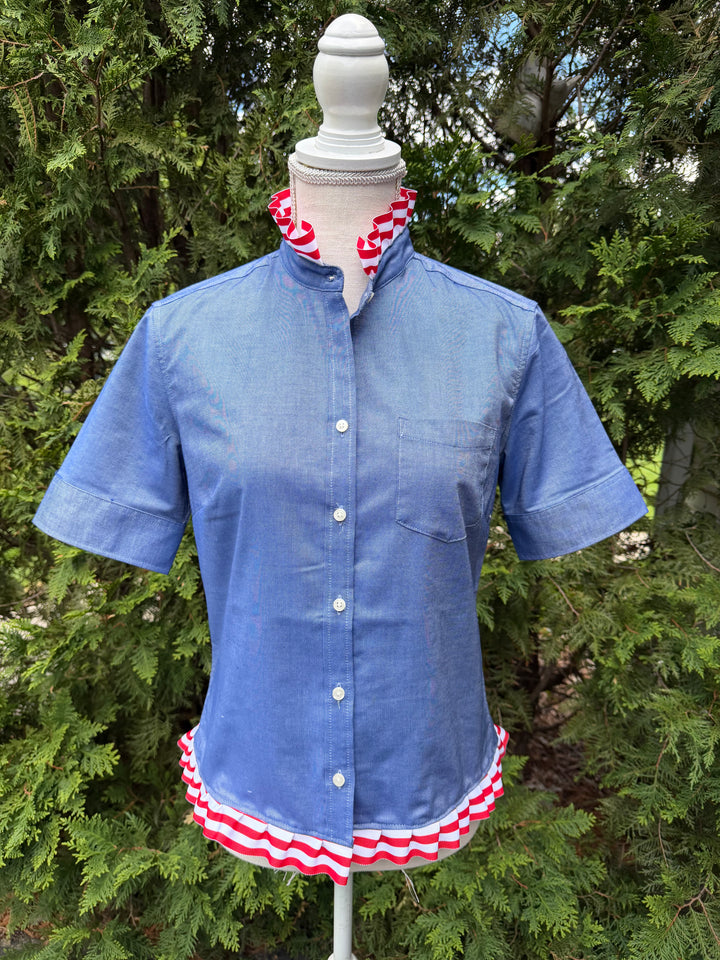 Ellie Short Sleeve Ruffle Oxford - Blue w Red & White Stripe Ribbon (4th E01)