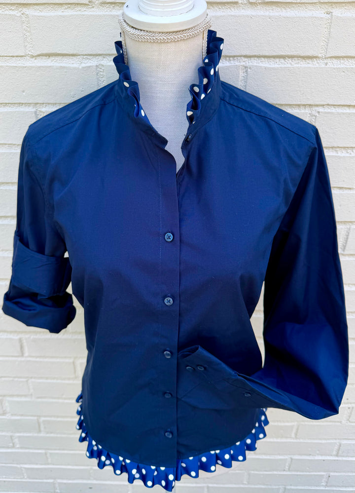 Poppy Untucked Blouse - Navy w White Polka Dot Ribbon (Poppy2)