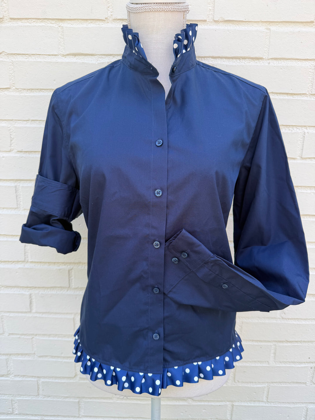Poppy Untucked Blouse - Navy w White Polka Dot Ribbon (Poppy2)