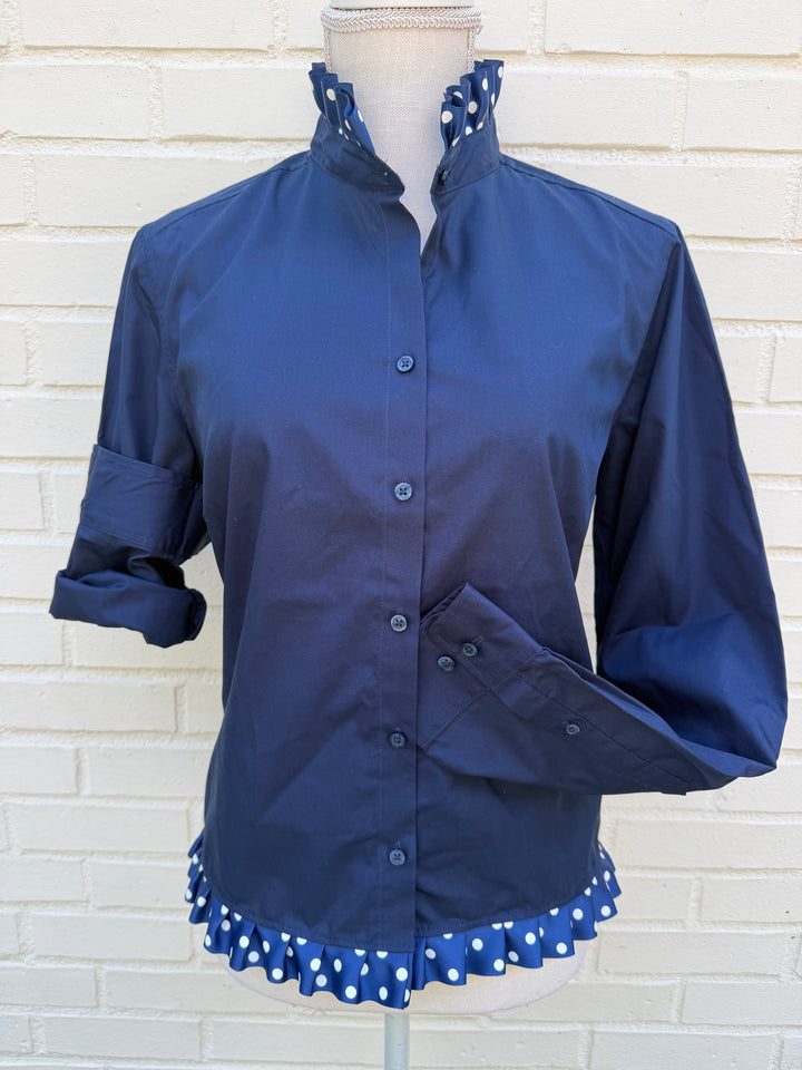 Poppy Untucked Blouse - Navy w White Polka Dot Ribbon (Poppy2)