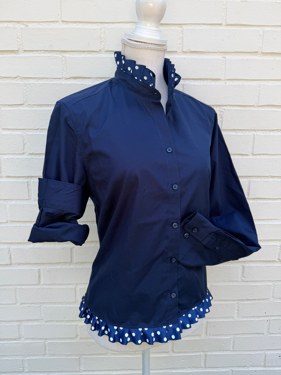 Poppy Untucked Blouse - Navy w White Polka Dot Ribbon (Poppy2)