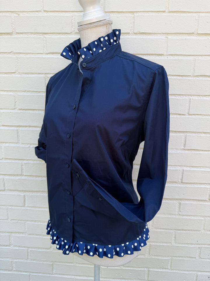 Poppy Untucked Blouse - Navy w White Polka Dot Ribbon (Poppy2)