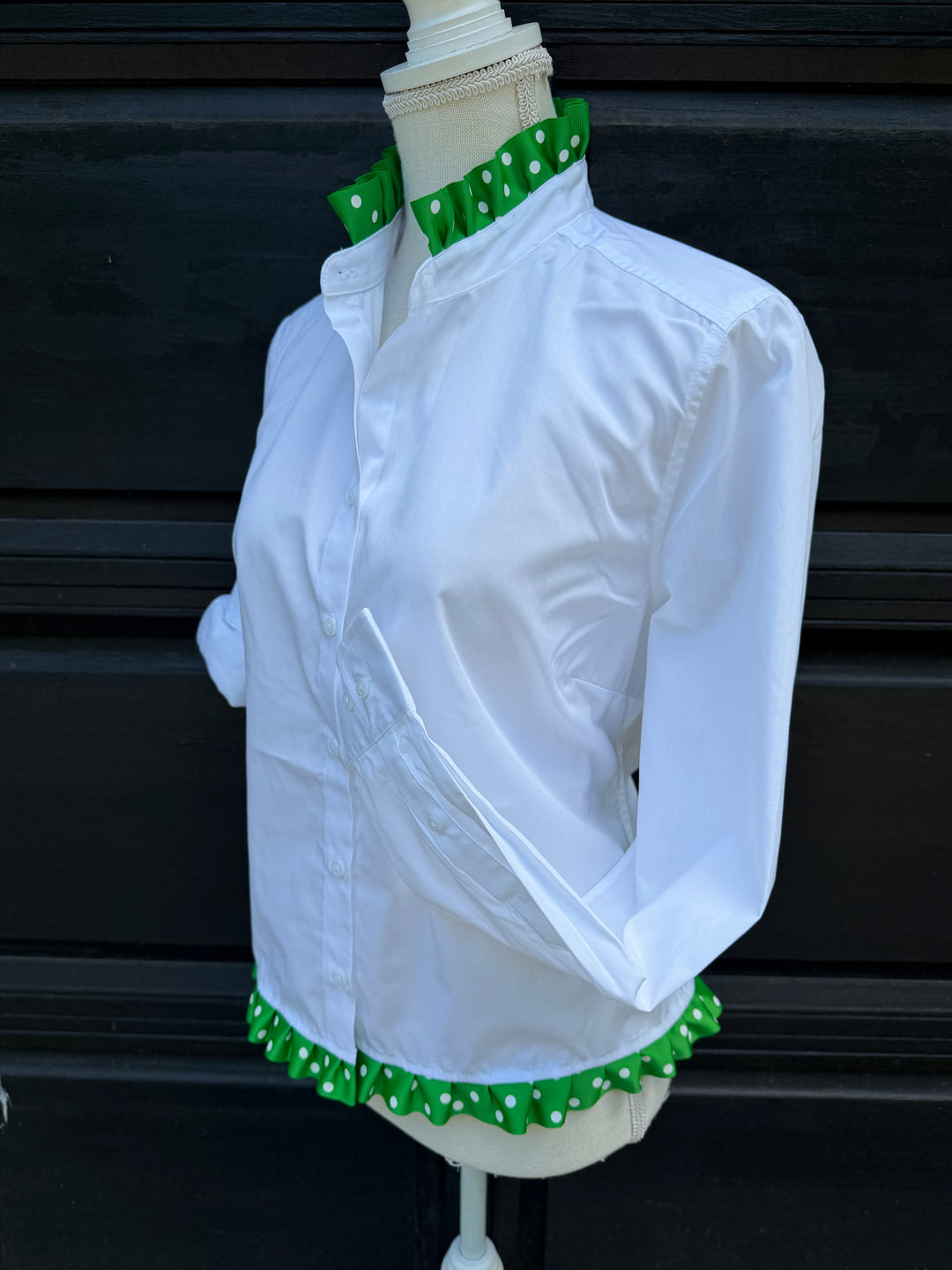 Poppy Untucked Blouse - White w Green Polka Dot Ribbon (Poppy3)
