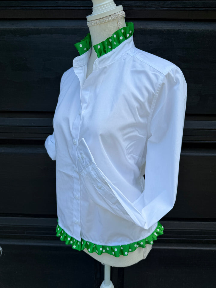 Poppy Untucked Blouse - White w Green Polka Dot Ribbon (Poppy3)