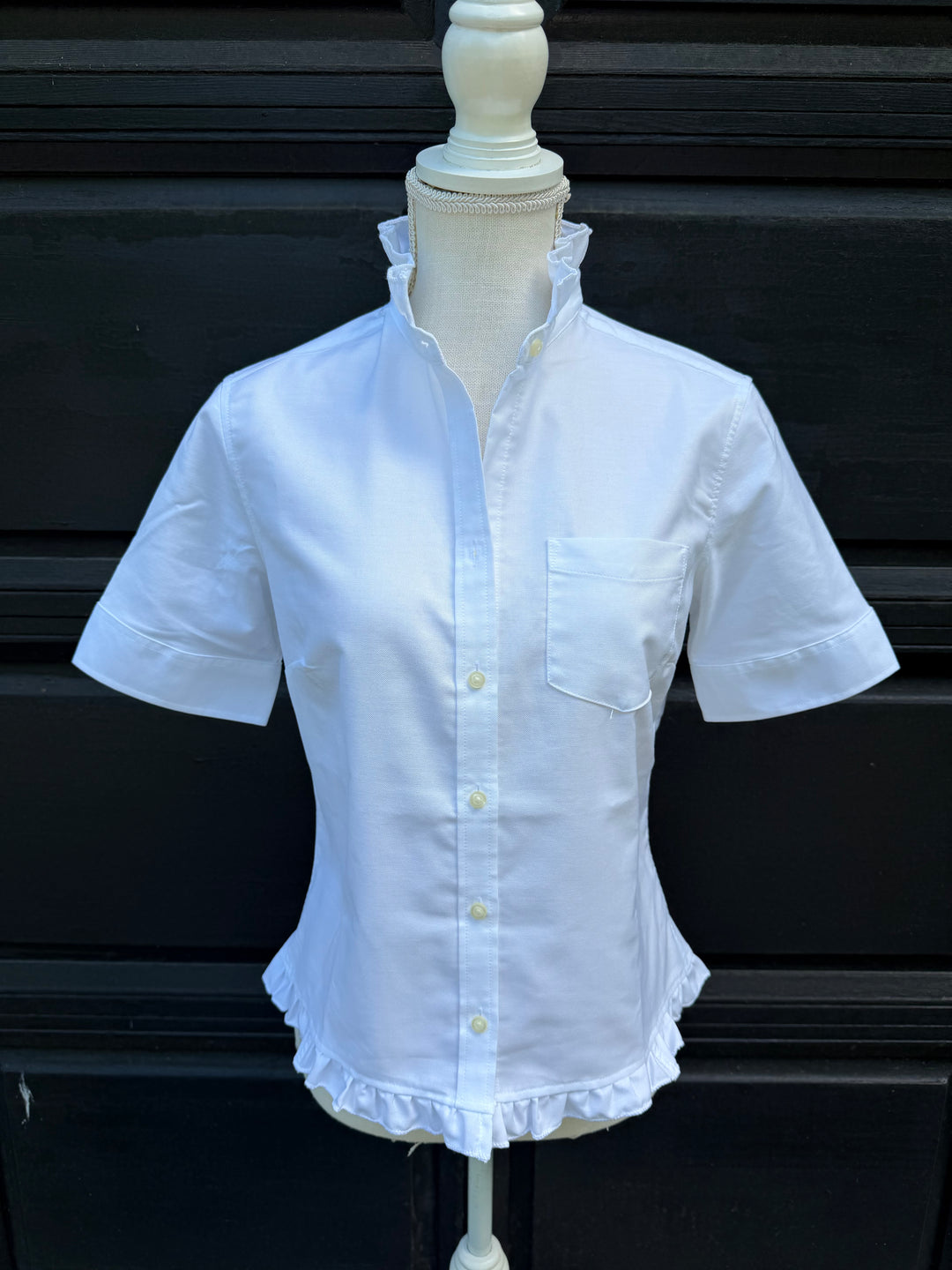 Ellie Short Sleeve Ruffle Oxford - White w White Ribbon (EL04)