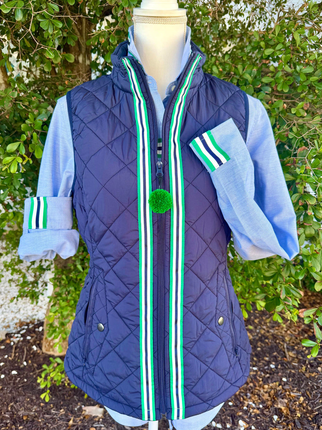 Maggie May Quilted Vest - Navy w Navy & Green Stripe Ribbon (MMQ16)