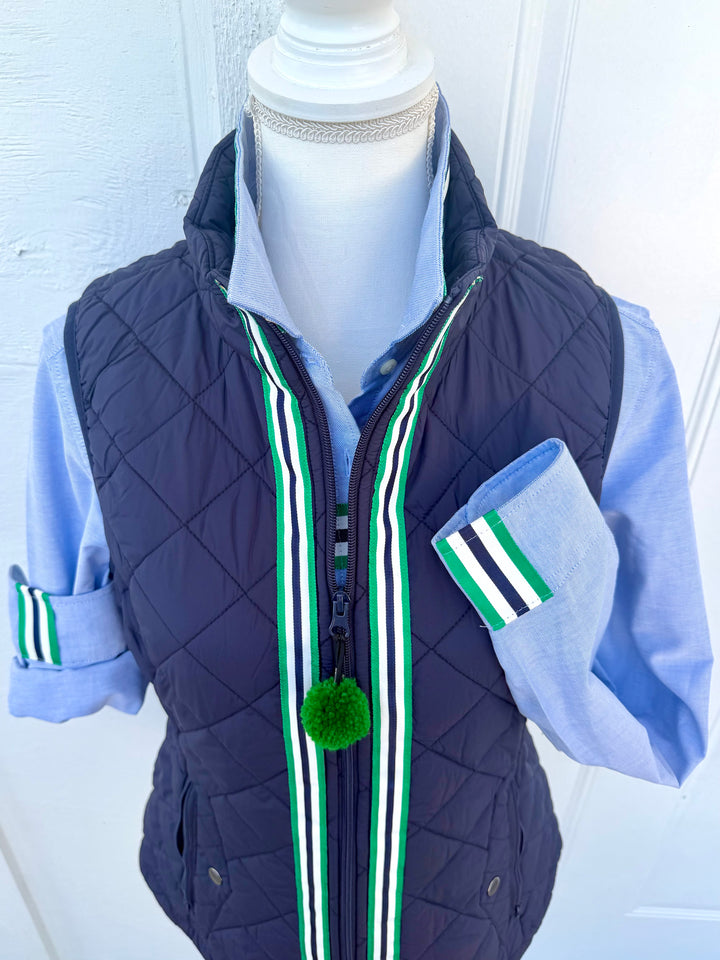 Maggie May Quilted Vest - Navy w Navy & Green Stripe Ribbon (MMQ16)
