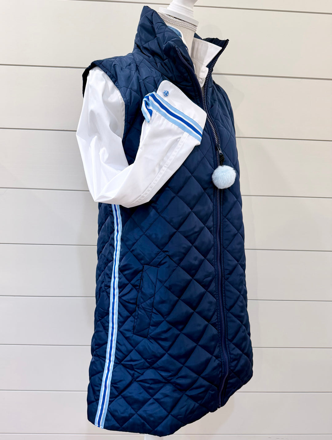 Olive Long Quilted Vest - Navy w Lt. Blue & Royal Stripe (Olive01)