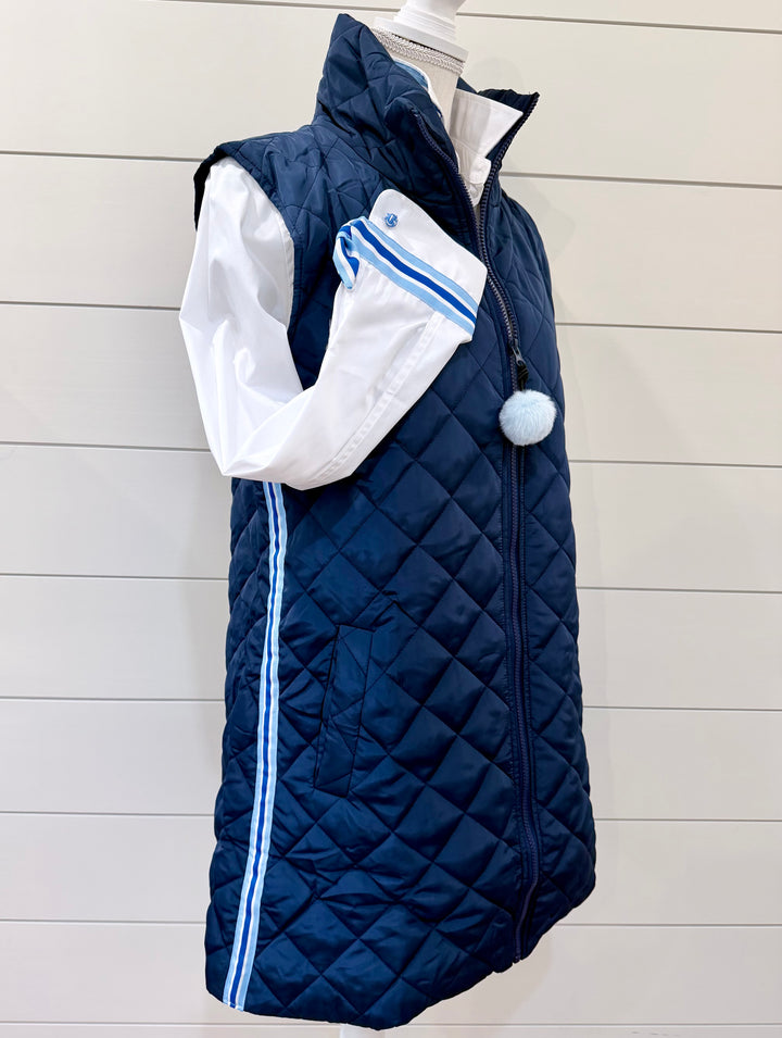 Olive Long Quilted Vest - Navy w Lt. Blue & Royal Stripe (Olive01)
