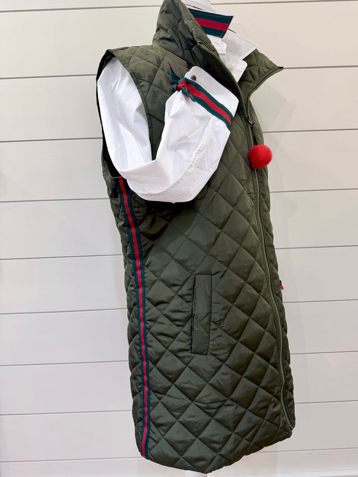 Olive Long Quilted Vest - Olive w Hunter & Red Stripe (Olive03)