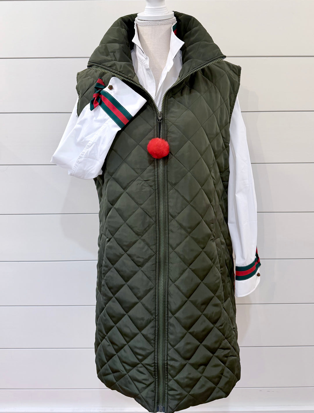 Olive Long Quilted Vest - Olive w Hunter & Red Stripe (Olive03)