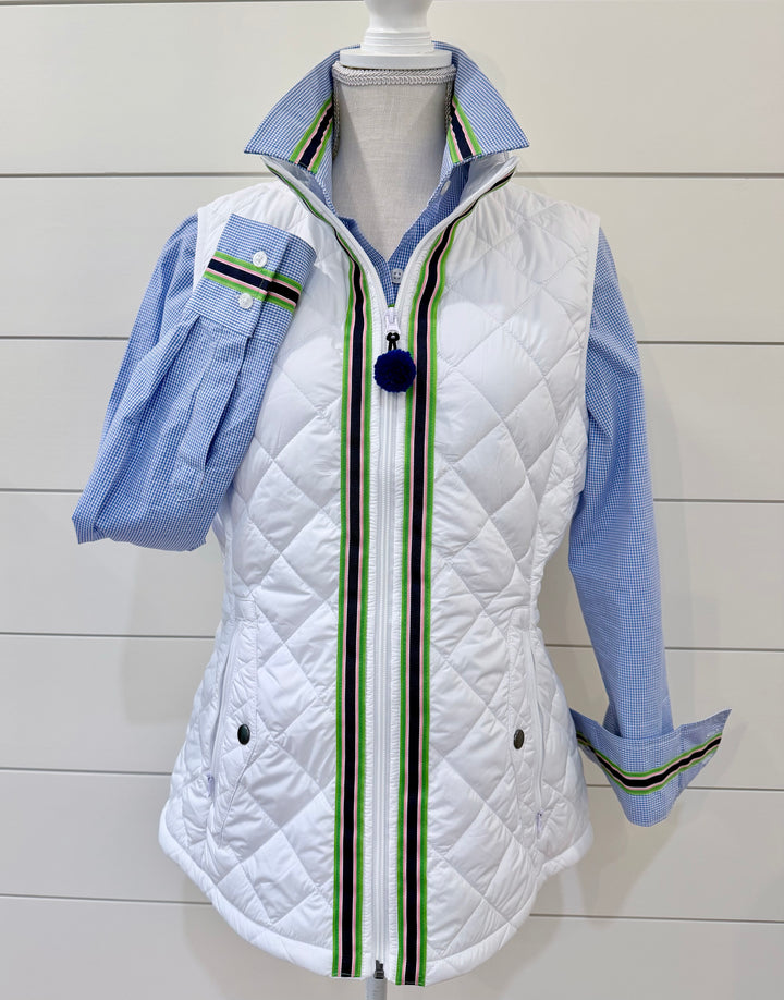 Maggie May Quilted Vest - White w Navy, Pink & Green Stripe Ribbon (MMQ14)