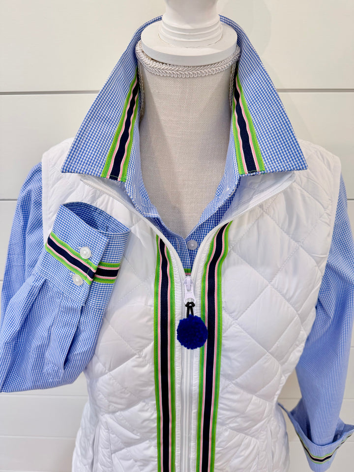 Maggie May Quilted Vest - White w Navy, Pink & Green Stripe Ribbon (MMQ14)