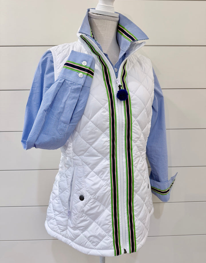 Maggie May Quilted Vest - White w Navy, Pink & Green Stripe Ribbon (MMQ14)