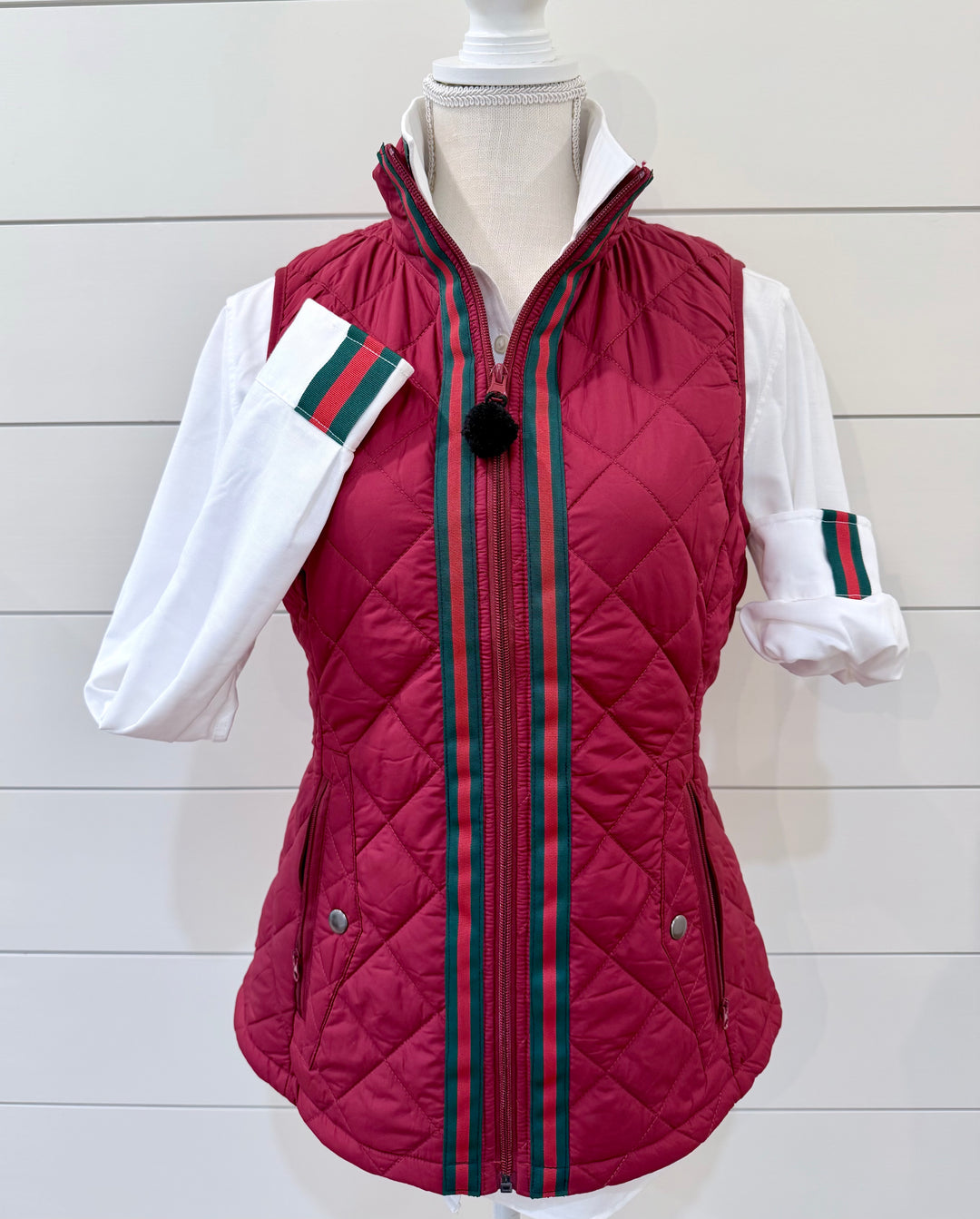 Maggie May Quilted Vest - Maroon w Hunter & Red Stripe Ribbon (MMQ13)