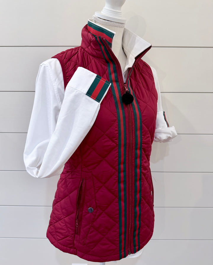 Maggie May Quilted Vest - Maroon w Hunter & Red Stripe Ribbon (MMQ13)