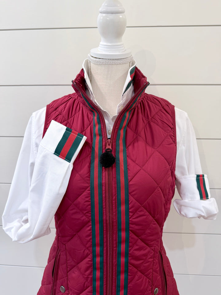 Maggie May Quilted Vest - Maroon w Hunter & Red Stripe Ribbon (MMQ13)