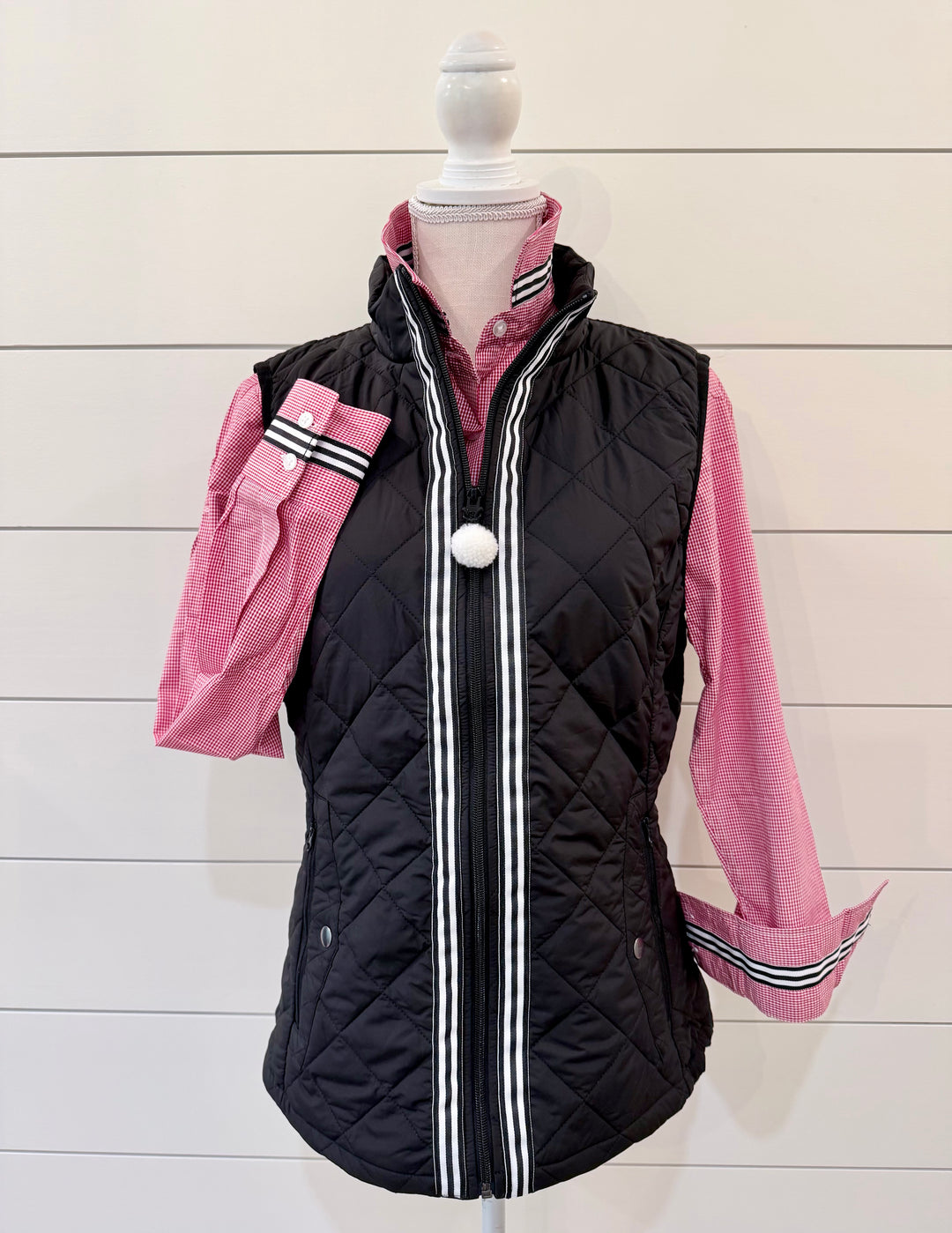 Maggie May Quilted Vest - Black w Black & White Stripe Ribbon (MMQ15)