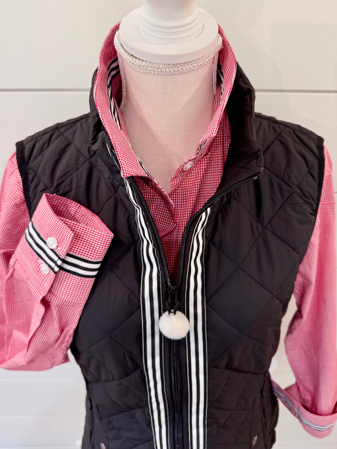 Maggie May Quilted Vest - Black w Black & White Stripe Ribbon (MMQ15)