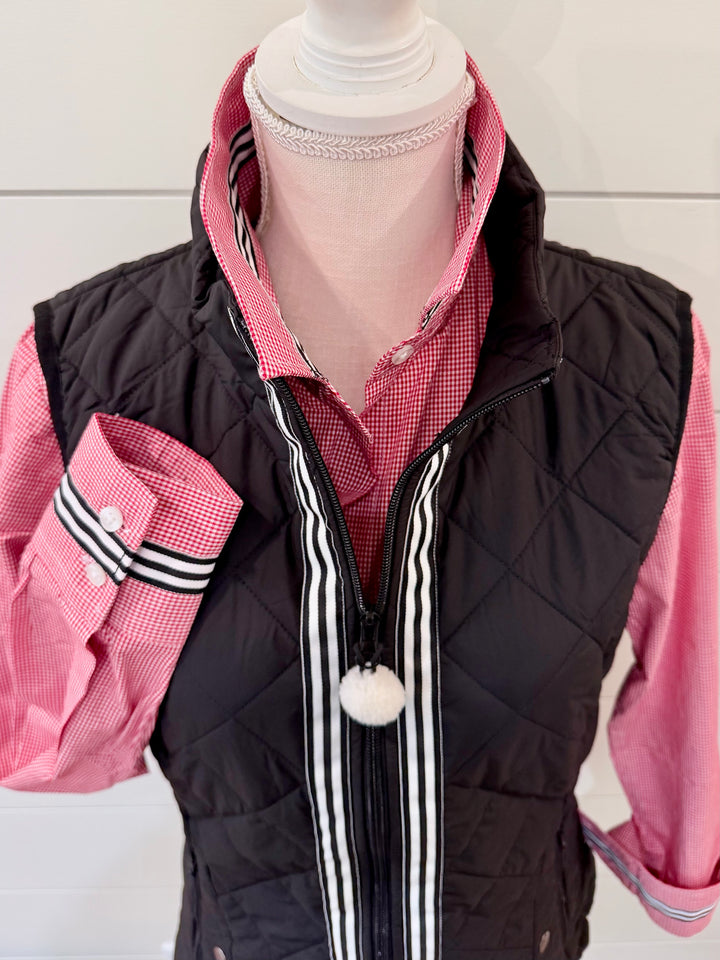 Maggie May Quilted Vest - Black w Black & White Stripe Ribbon (MMQ15)