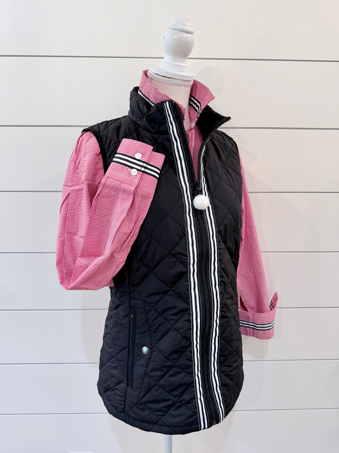 Maggie May Quilted Vest - Black w Black & White Stripe Ribbon (MMQ15)