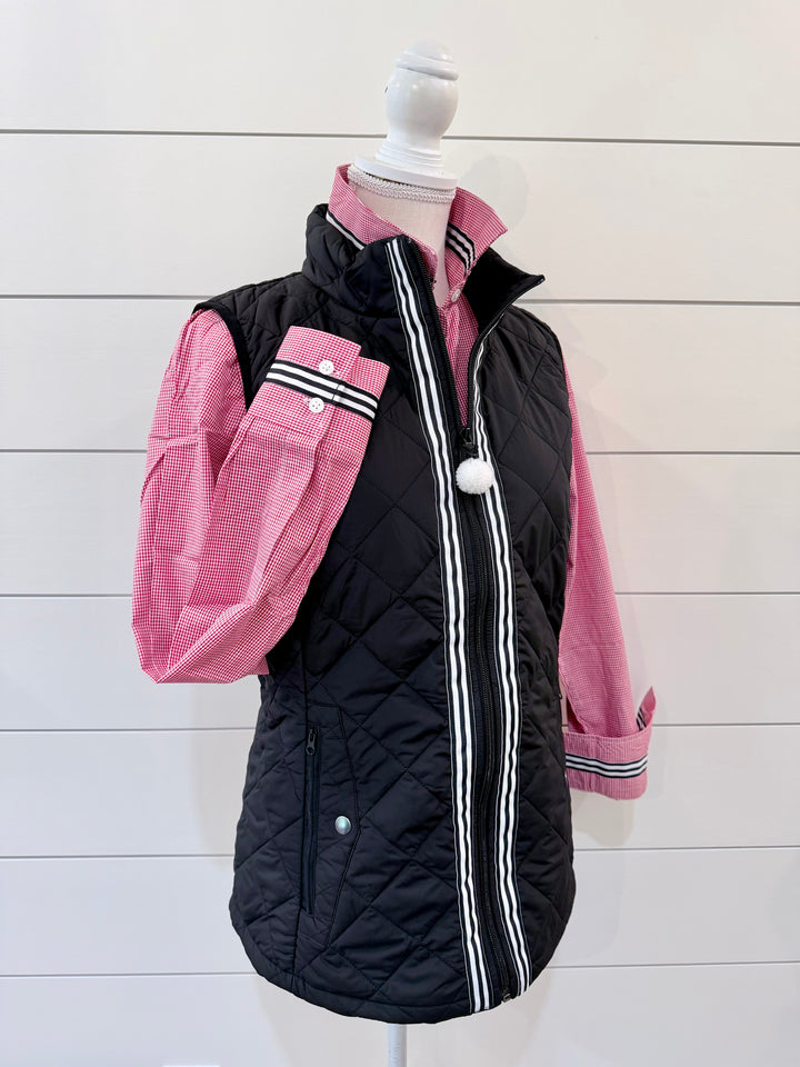 Maggie May Quilted Vest - Black w Black & White Stripe Ribbon (MMQ15)