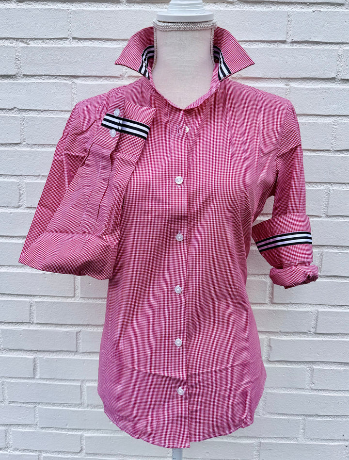 Eleanor Mini Gingham Check Blouse - Red w Black & White Stripe (E02)