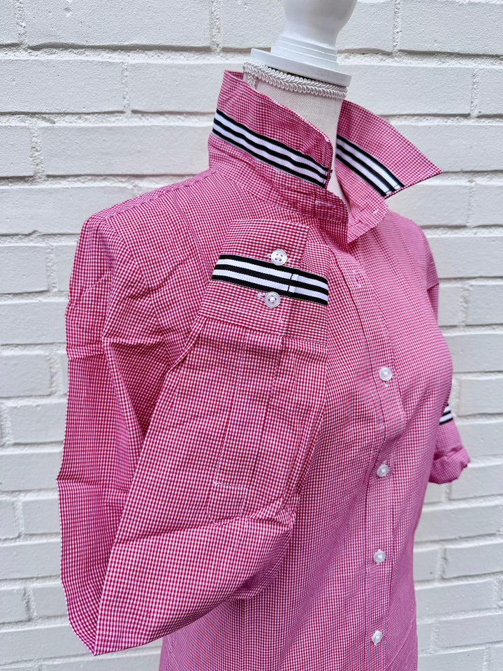 Eleanor Mini Gingham Check Blouse - Red w Black & White Stripe (E02)