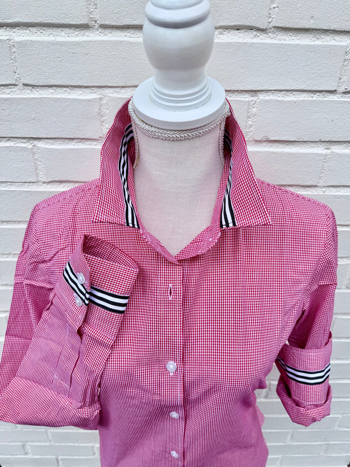 Eleanor Mini Gingham Check Blouse - Red w Black & White Stripe (E02)