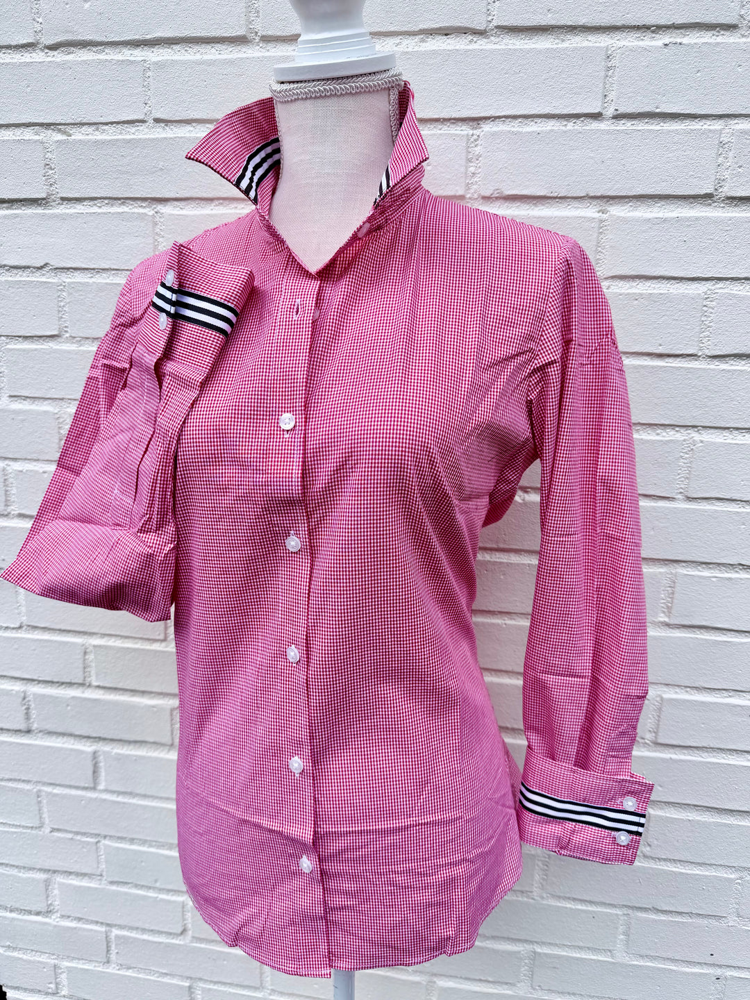 Eleanor Mini Gingham Check Blouse - Red w Black & White Stripe (E02)