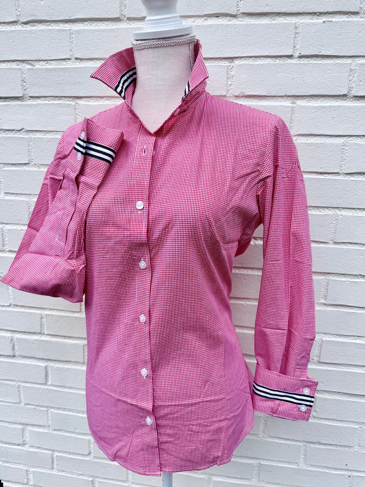 Eleanor Mini Gingham Check Blouse - Red w Black & White Stripe (E02)