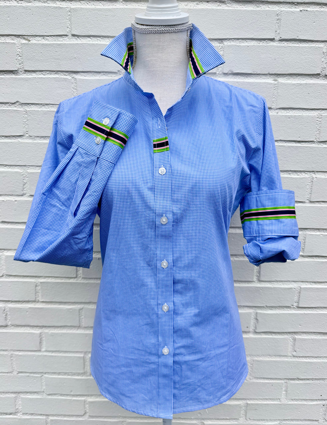 Eleanor Mini Gingham Check Blouse - Royal w Navy, Pink & Green Stripe Ribbon (E01)