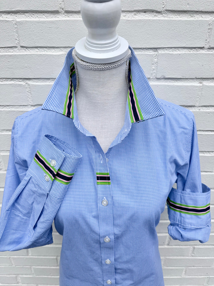 Eleanor Mini Gingham Check Blouse - Royal w Navy, Pink & Green Stripe Ribbon (E01)