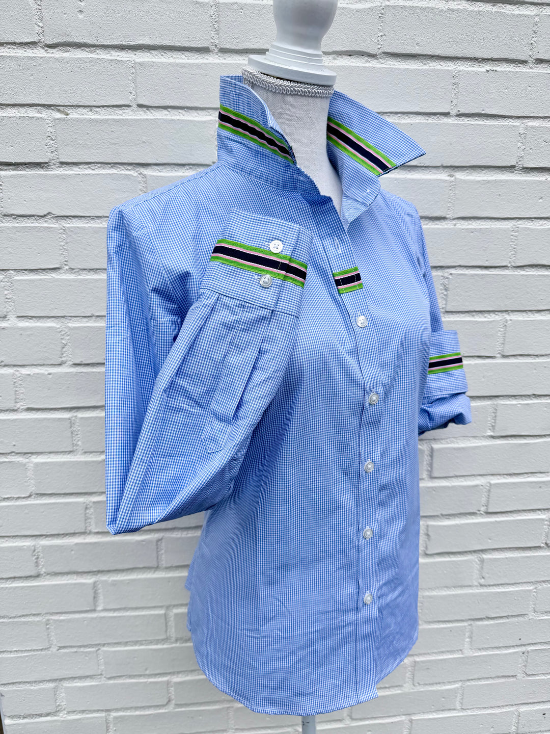Eleanor Mini Gingham Check Blouse - Royal w Navy, Pink & Green Stripe Ribbon (E01)
