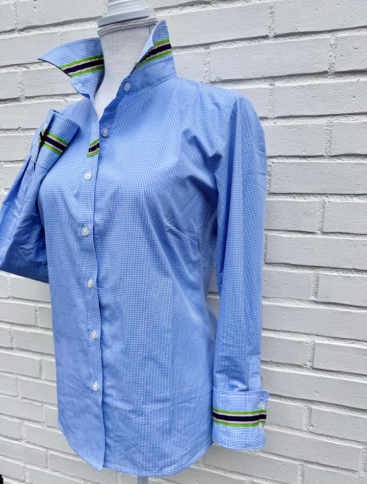 Eleanor Mini Gingham Check Blouse - Royal w Navy, Pink & Green Stripe Ribbon (E01)