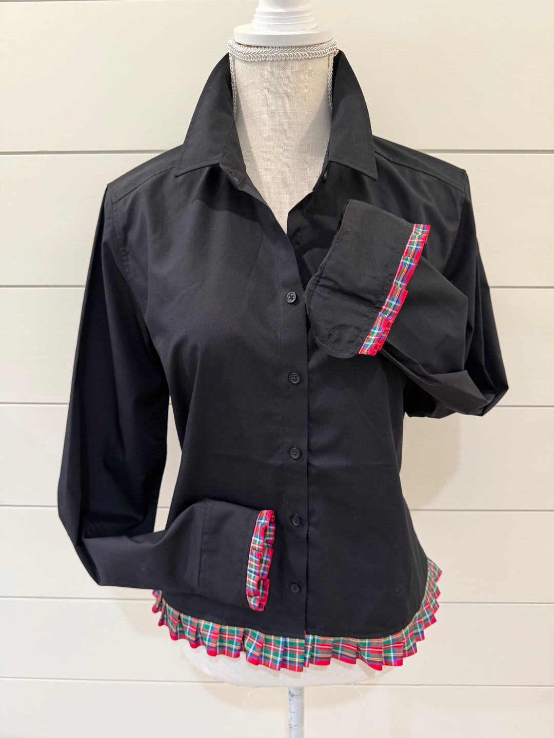 Blanche Holiday Untucked Blouse - Black w Red Plaid Taffeta Ribbon (BL05)