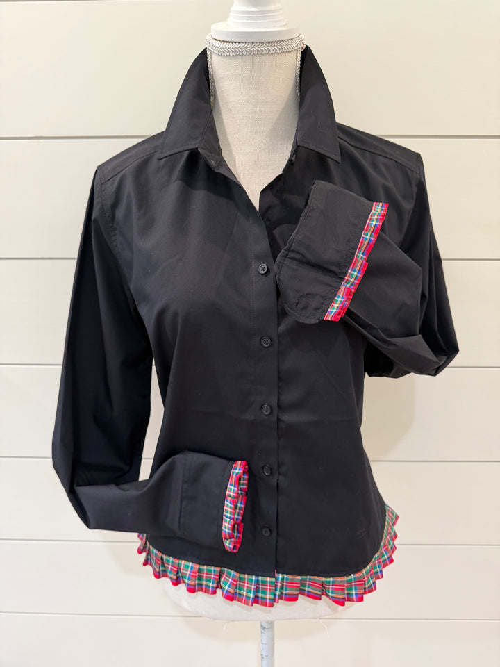 Blanche Holiday Untucked Blouse - Black w Red Plaid Taffeta Ribbon (BL05)