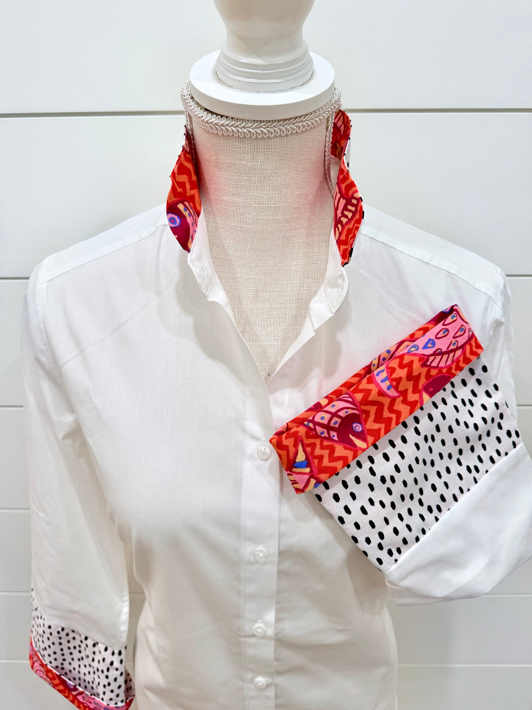 Beth Bell Sleeve - White w Orange Zigzag & Black Raindrops (LB59)